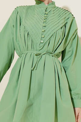 V Nervürlü Yarım Düğmeli Tunik Çağla Yeşili - Tunik