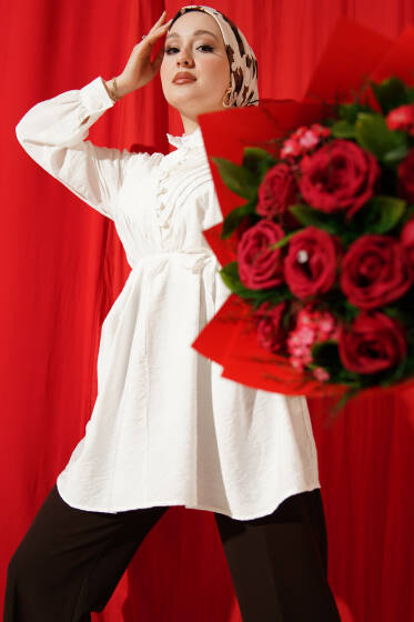 V Nervürlü Yarım Düğmeli Tunik Ekru - Tunik