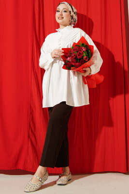 V Nervürlü Yarım Düğmeli Tunik Ekru - Tunik