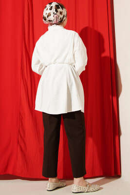 V Nervürlü Yarım Düğmeli Tunik Ekru - Tunik