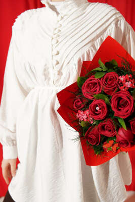 V Nervürlü Yarım Düğmeli Tunik Ekru - Tunik