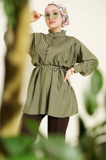 V Nervürlü Yarım Düğmeli Tunik Haki - Tunik