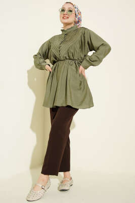V Nervürlü Yarım Düğmeli Tunik Haki - Tunik