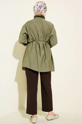 V Nervürlü Yarım Düğmeli Tunik Haki - Tunik