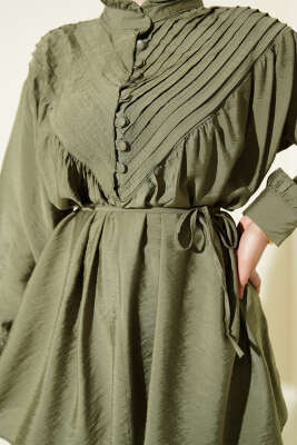 V Nervürlü Yarım Düğmeli Tunik Haki - Tunik