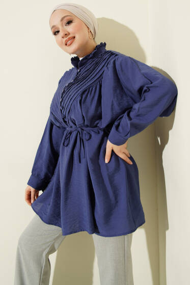 V Nervürlü Yarım Düğmeli Tunik Lacivert - Tunik