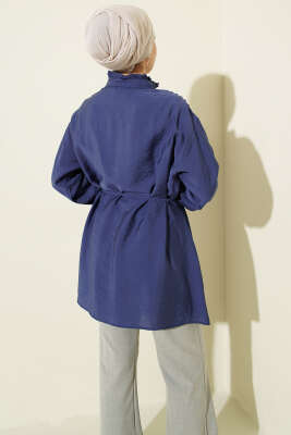 V Nervürlü Yarım Düğmeli Tunik Lacivert - Tunik