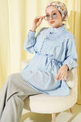 V Nervürlü Yarım Düğmeli Tunik Mavi - NEVA MODA