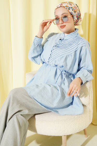 V Nervürlü Yarım Düğmeli Tunik Mavi - Tunik