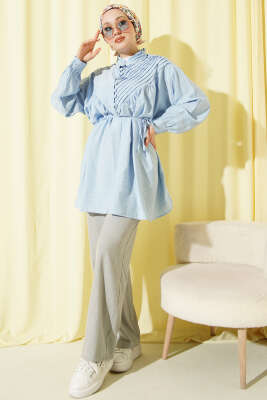 V Nervürlü Yarım Düğmeli Tunik Mavi - Tunik