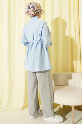 V Nervürlü Yarım Düğmeli Tunik Mavi - Tunik