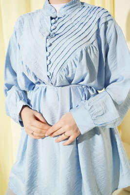 V Nervürlü Yarım Düğmeli Tunik Mavi - Tunik