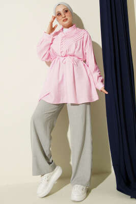 V Nervürlü Yarım Düğmeli Tunik Pembe - NEVA MODA