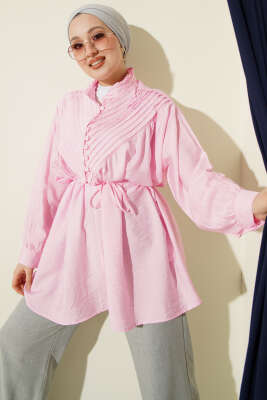V Nervürlü Yarım Düğmeli Tunik Pembe - Tunik