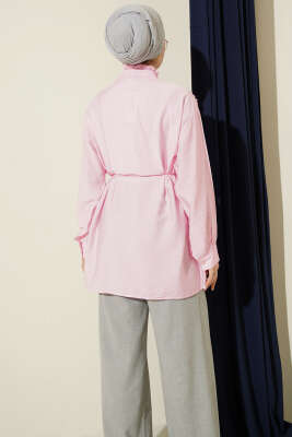 V Nervürlü Yarım Düğmeli Tunik Pembe - Tunik
