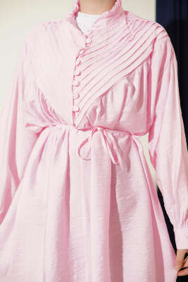 V Nervürlü Yarım Düğmeli Tunik Pembe - Tunik