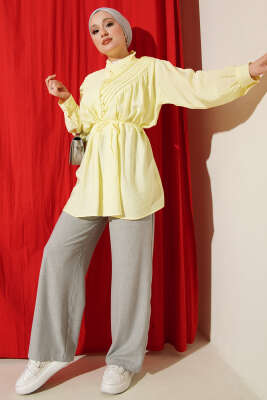 V Nervürlü Yarım Düğmeli Tunik Sarı - Tunik