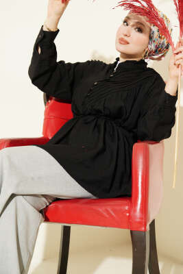 V Nervürlü Yarım Düğmeli Tunik Siyah - NEVA MODA