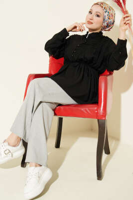 V Nervürlü Yarım Düğmeli Tunik Siyah - Tunik