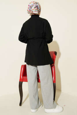 V Nervürlü Yarım Düğmeli Tunik Siyah - Tunik