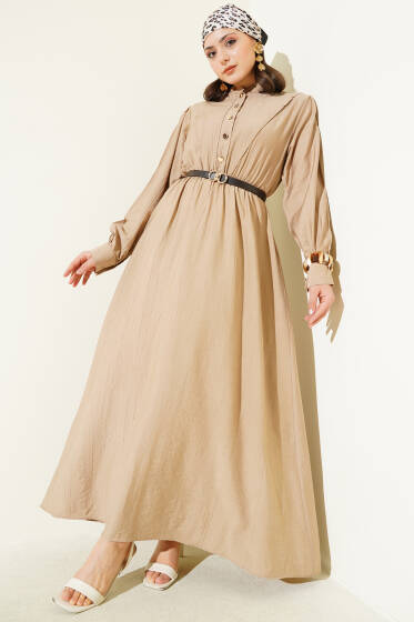 V Parçalı Bel Lastikli Elbise Bej - Elbise