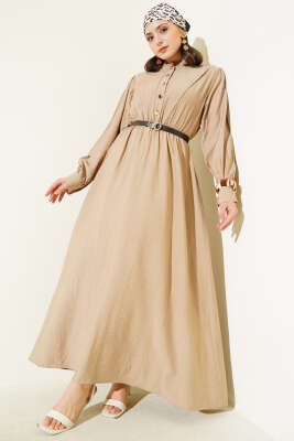 V Parçalı Bel Lastikli Elbise Bej 