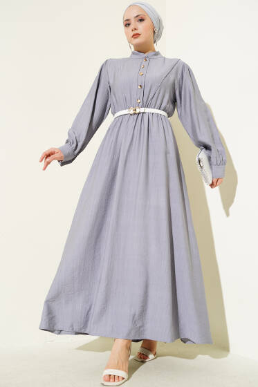 V Parçalı Bel Lastikli Elbise Gri - Elbise