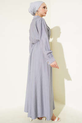 V Parçalı Bel Lastikli Elbise Gri - Tesettür Elbise