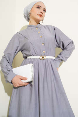 V Parçalı Bel Lastikli Elbise Gri - Tesettür Elbise