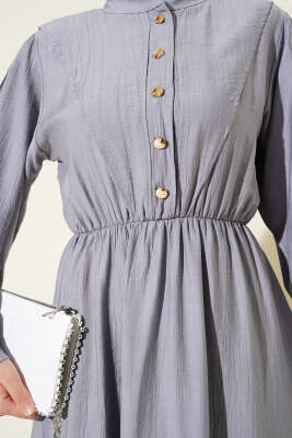 V Parçalı Bel Lastikli Elbise Gri - Tesettür Elbise