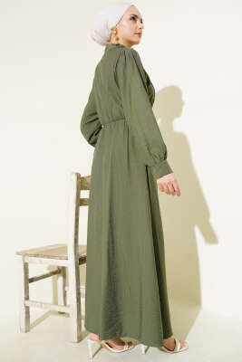 V Parçalı Bel Lastikli Elbise Haki - Tesettür Elbise