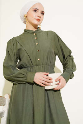 V Parçalı Bel Lastikli Elbise Haki - Tesettür Elbise