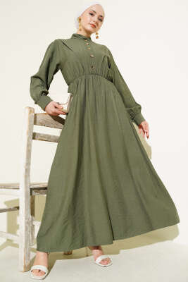 V Parçalı Bel Lastikli Elbise Haki 