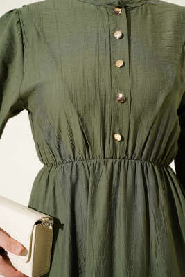 V Parçalı Bel Lastikli Elbise Haki - Tesettür Elbise