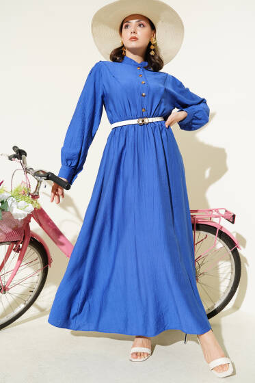 V Parçalı Bel Lastikli Elbise İndigo - Elbise