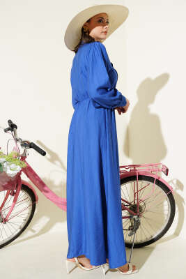 V Parçalı Bel Lastikli Elbise İndigo - Tesettür Elbise