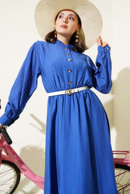 V Parçalı Bel Lastikli Elbise İndigo - Tesettür Elbise