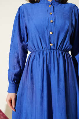 V Parçalı Bel Lastikli Elbise İndigo - Tesettür Elbise