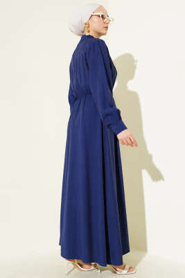V Parçalı Bel Lastikli Elbise Lacivert - Tesettür Elbise