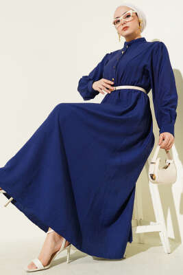 V Parçalı Bel Lastikli Elbise Lacivert 