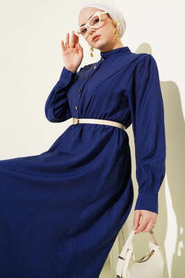 V Parçalı Bel Lastikli Elbise Lacivert - Tesettür Elbise