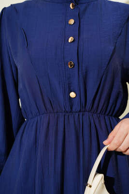 V Parçalı Bel Lastikli Elbise Lacivert - Tesettür Elbise