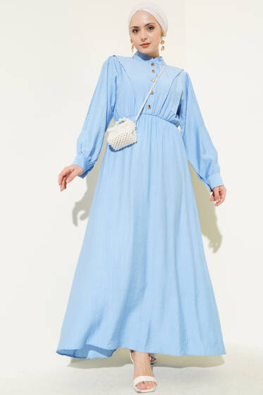 V Parçalı Bel Lastikli Elbise Mavi - Elbise