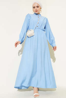 V Parçalı Bel Lastikli Elbise Mavi 