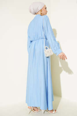 V Parçalı Bel Lastikli Elbise Mavi - Tesettür Elbise