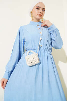 V Parçalı Bel Lastikli Elbise Mavi - Tesettür Elbise