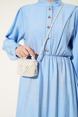 V Parçalı Bel Lastikli Elbise Mavi - Tesettür Elbise