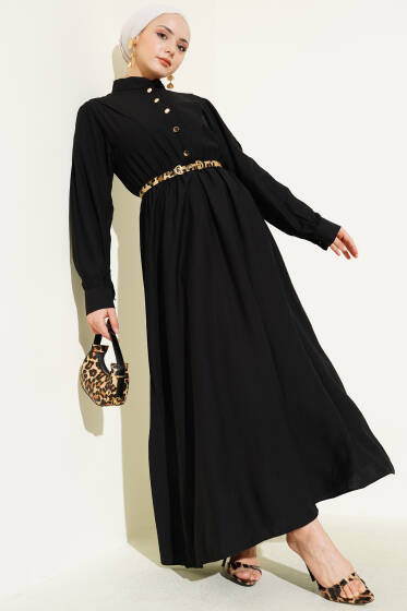 V Parçalı Bel Lastikli Elbise Siyah - Elbise