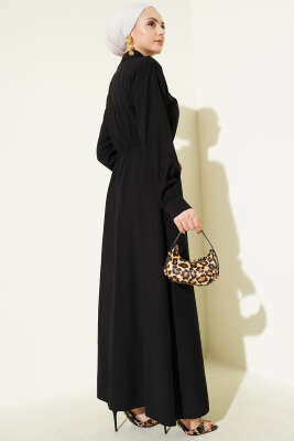 V Parçalı Bel Lastikli Elbise Siyah - Tesettür Elbise
