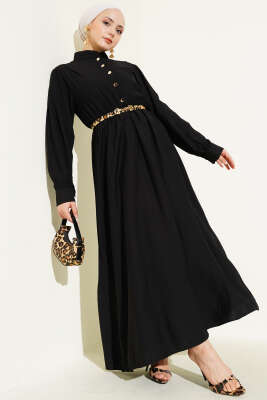 V Parçalı Bel Lastikli Elbise Siyah - Tesettür Elbise
